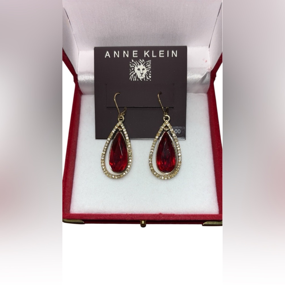 Elegant Anne Klein Ruby Red Drop Earrings with Gold Crystal Accents
